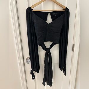 Lulus Black Tie Back Crop Top Corset Style Long Sleeve Shimmer Women’s Size‎ M